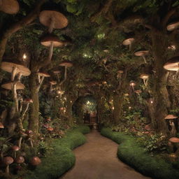 A hidden cove styled museum room, enveloped by an enchanted mushroom forest. Lianas grow lushly on the walls, adding to the magical ambience.