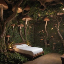 A hidden cove styled museum room, enveloped by an enchanted mushroom forest. Lianas grow lushly on the walls, adding to the magical ambience.