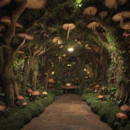 A hidden cove styled museum room, enveloped by an enchanted mushroom forest. Lianas grow lushly on the walls, adding to the magical ambience.