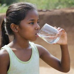 A young girl quenching her thirst with a glass of fresh water