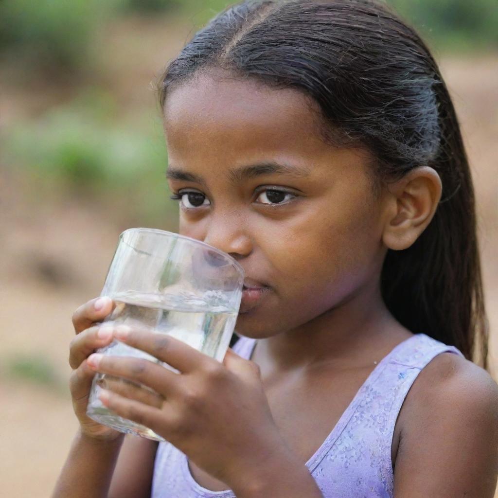 A young girl quenching her thirst with a glass of fresh water