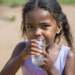 A young girl quenching her thirst with a glass of fresh water