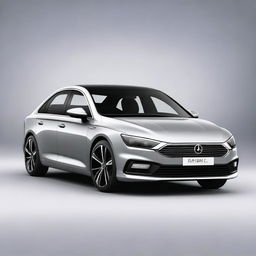 This is a high-quality digital art image of a modern saloon car, rendered in a reasonably realistic style, set against a minimalistic grey background