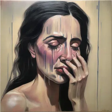 The painting depicts a woman with tears streaming down her face, capturing the essence of tsoris and conveying the emotional pain she experienced.