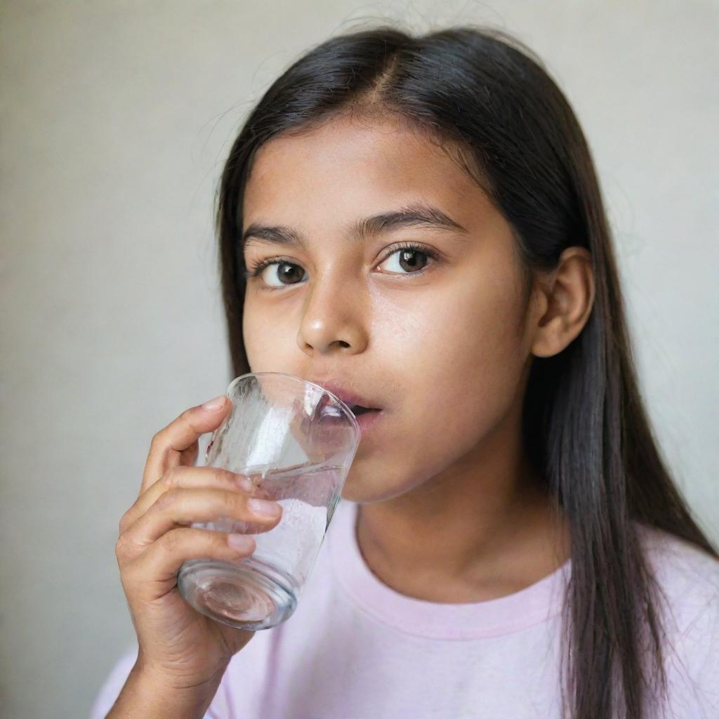 A youthful girl drinking refreshing water from a clear glass