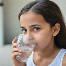 A youthful girl drinking refreshing water from a clear glass