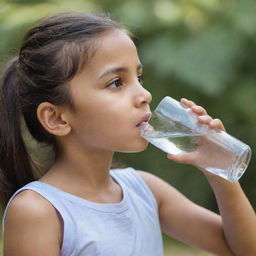 A youthful girl drinking refreshing water from a clear glass