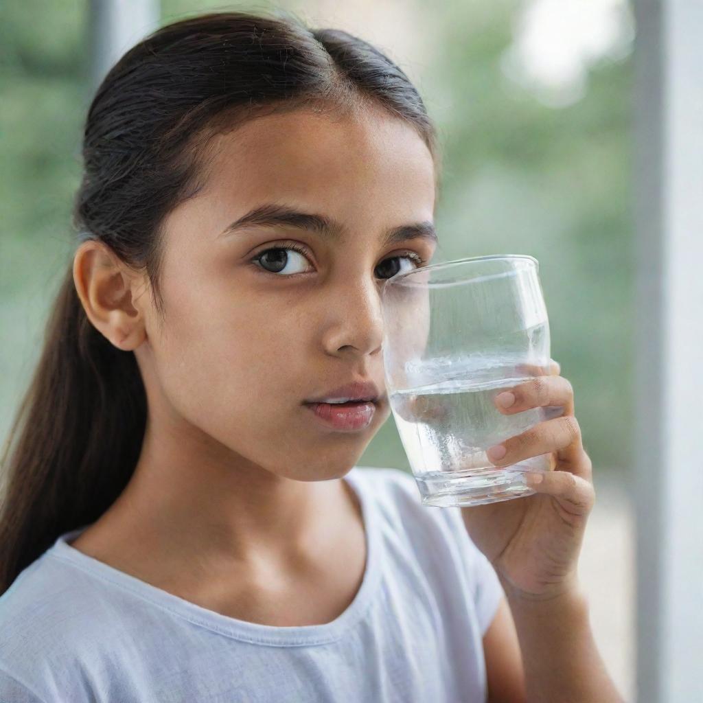 A youthful girl drinking refreshing water from a clear glass