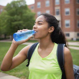 A college-aged girl hydrating with a bottle of water on a university campus