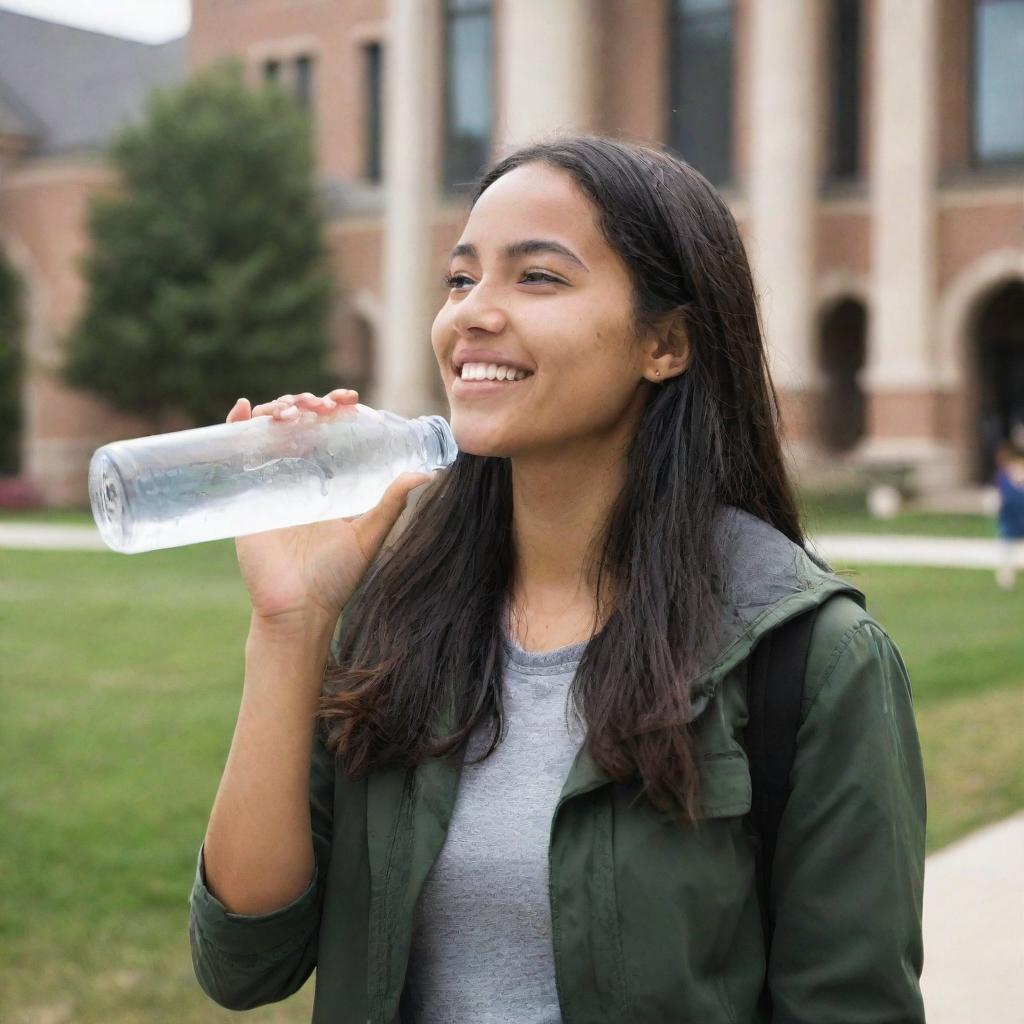 A college-aged girl hydrating with a bottle of water on a university campus