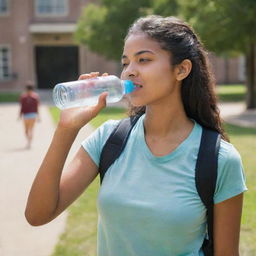 A college-aged girl hydrating with a bottle of water on a university campus