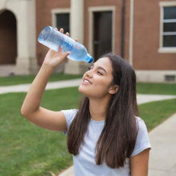 A college-aged girl hydrating with a bottle of water on a university campus