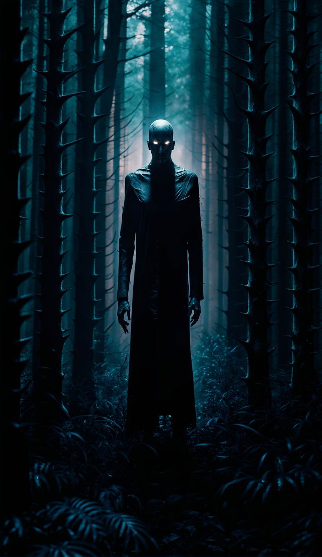 A 4K photorealistic image of Slenderman in a dense forest under cinematic lighting. Rendered with Redshift for realism and detail, his symmetrical eyes glow eerily in the shadowy surroundings.