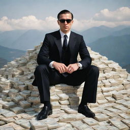 Mafia styled man in a well-tailored suit, seated confidently atop a mountain of currency notes.