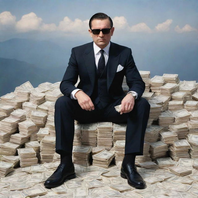 Mafia styled man in a well-tailored suit, seated confidently atop a mountain of currency notes.