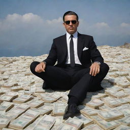 Mafia styled man in a well-tailored suit, seated confidently atop a mountain of currency notes.