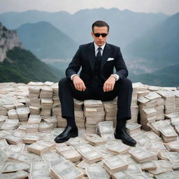 Mafia styled man in a well-tailored suit, seated confidently atop a mountain of currency notes.