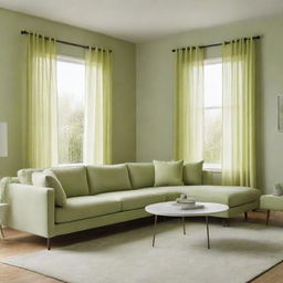 A living room with decor in varying shades of light green. Include elements like a pale green couch, lime green curtains, and a pastel green rug with matching wall paint.