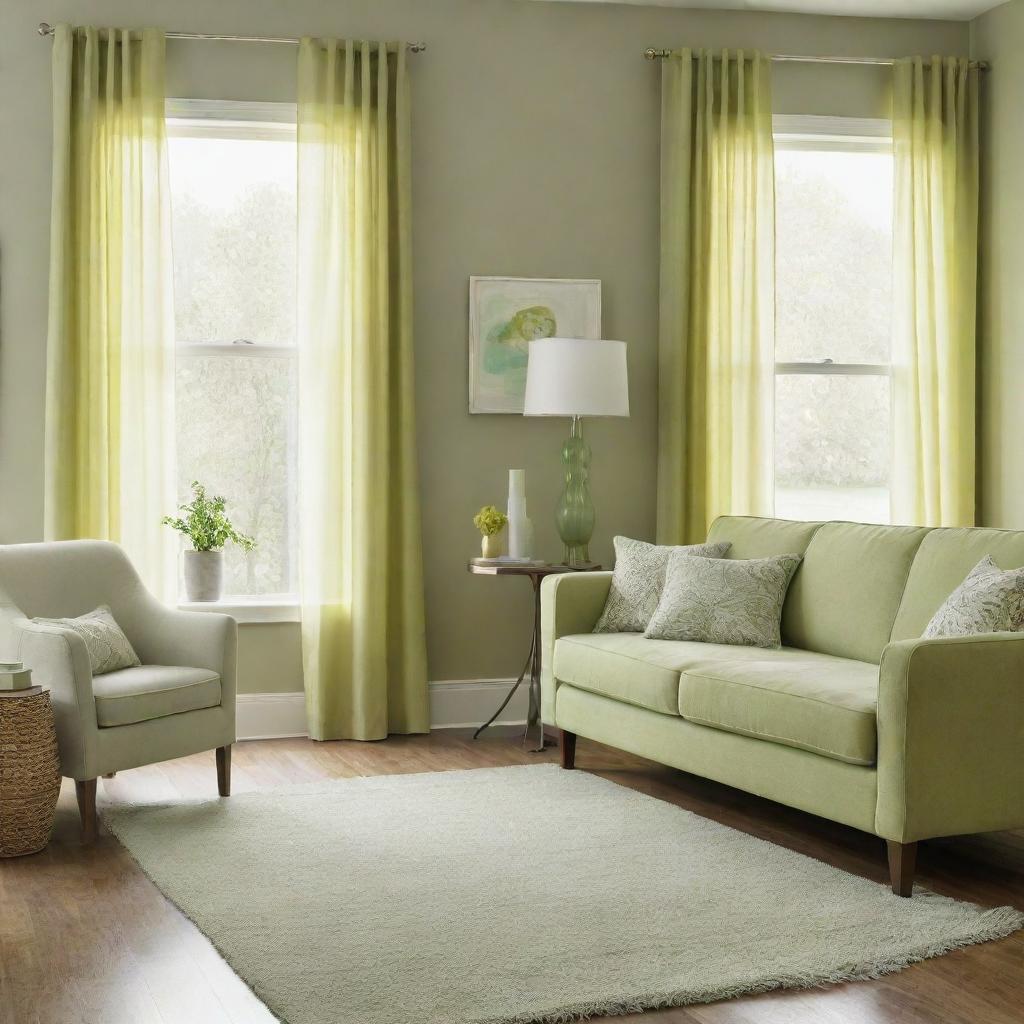 A living room with decor in varying shades of light green. Include elements like a pale green couch, lime green curtains, and a pastel green rug with matching wall paint.