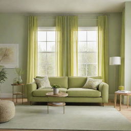 A living room with decor in varying shades of light green. Include elements like a pale green couch, lime green curtains, and a pastel green rug with matching wall paint.