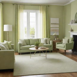 A living room with decor in varying shades of light green. Include elements like a pale green couch, lime green curtains, and a pastel green rug with matching wall paint.