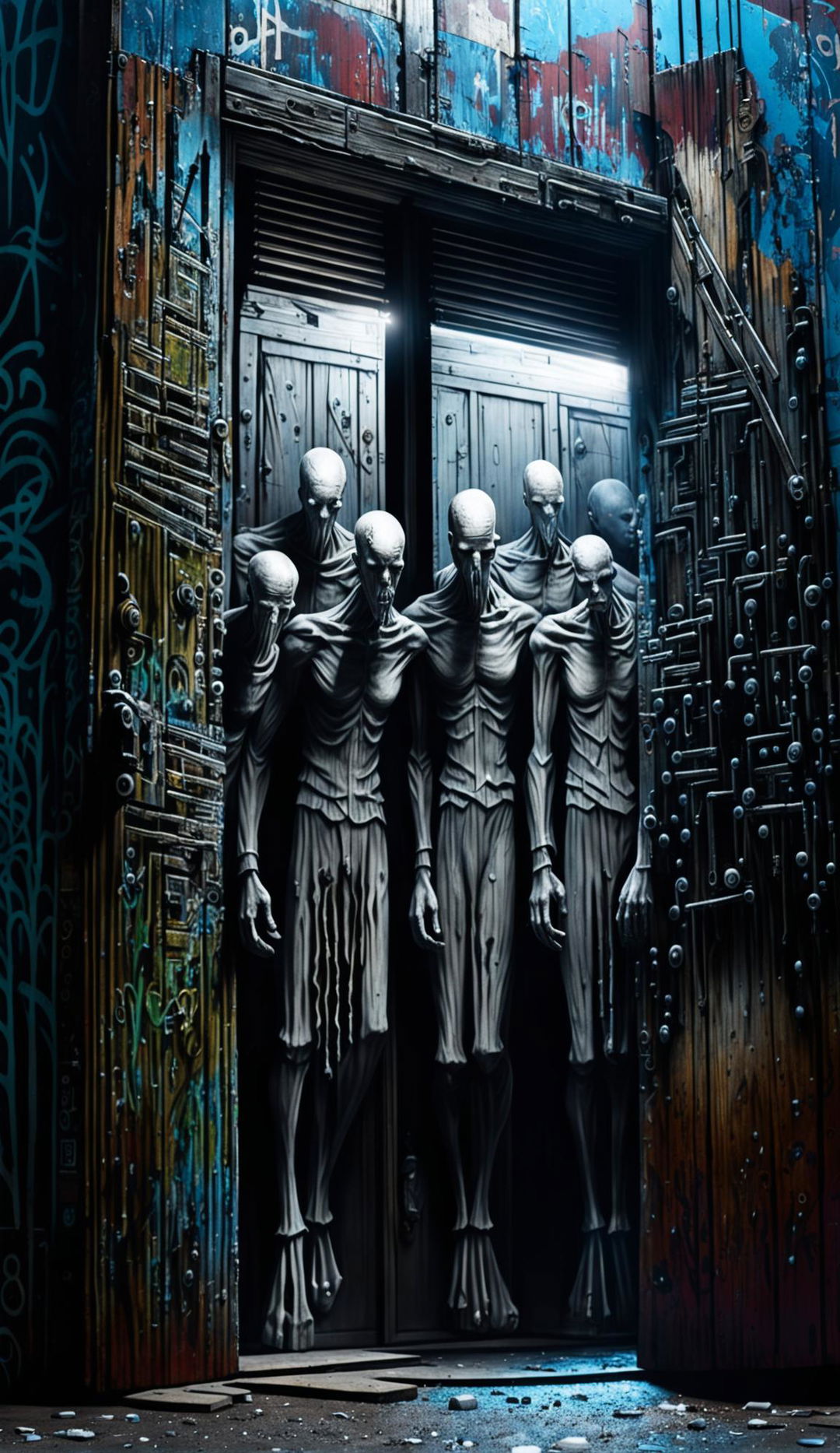 A 4K ultra-HD photorealistic image of a slightly ajar door revealing a crew of eyeless and mouthless slendermen in a graffiti-covered cityscape at night, under cinematic lighting.