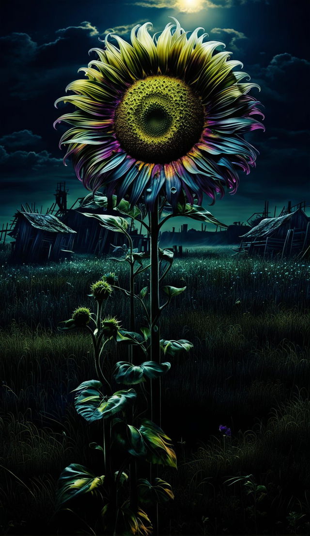 A 4K ultra-HD photorealistic image of a ghostpunk sunflower in a decrepit farm landscape at night, under cinematic lighting.