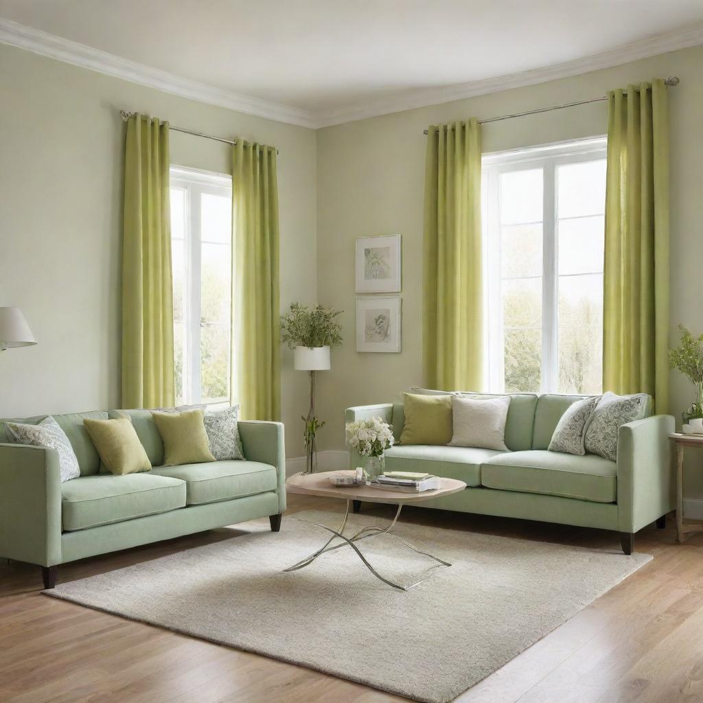 A living room with light green decor contrasting beautifully with light beige walls. Incorporate items such as a pale green couch, lime green curtains, and a pastel green rug.