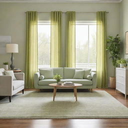 A living room with light green decor contrasting beautifully with light beige walls. Incorporate items such as a pale green couch, lime green curtains, and a pastel green rug.