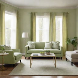 A living room with light green decor contrasting beautifully with light beige walls. Incorporate items such as a pale green couch, lime green curtains, and a pastel green rug.