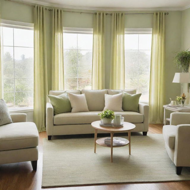 A living room with light green decor contrasting beautifully with light beige walls. Incorporate items such as a pale green couch, lime green curtains, and a pastel green rug.