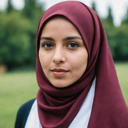 A portrait of a girl wearing a stylish, deep maroon hijab