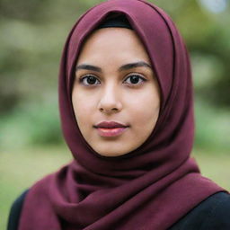 A portrait of a girl wearing a stylish, deep maroon hijab