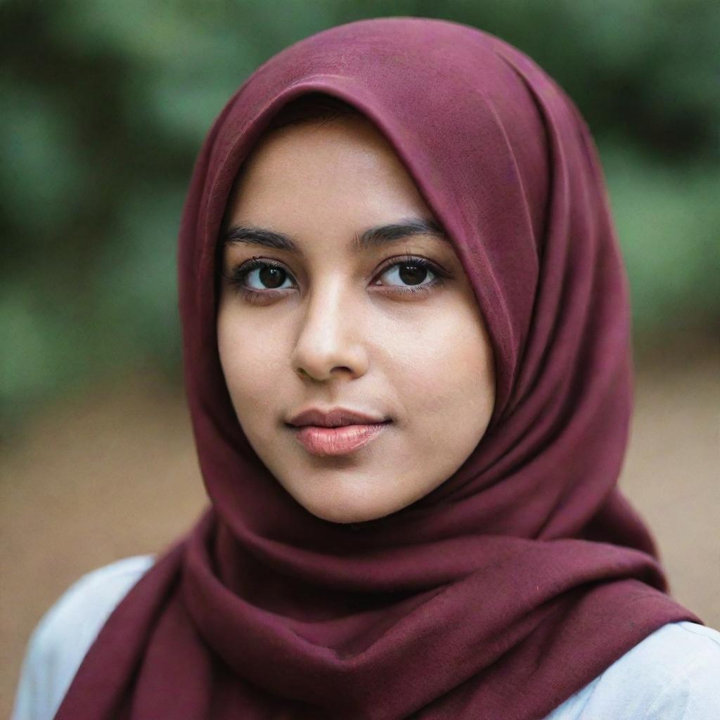 A portrait of a girl wearing a stylish, deep maroon hijab