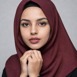 A portrait of a girl wearing a stylish, deep maroon hijab