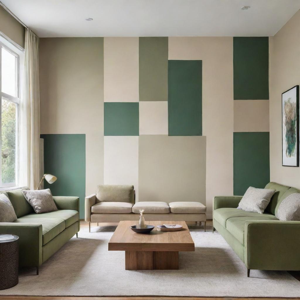 A modern living room featuring alternating walls of green and beige, complemented by contemporary furniture, large windows, and abstract wall art.