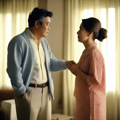 The romantic comedy film ends with a heartwarming scene of the protagonist's wife giving him a humorous curtain lecture about forgetting their anniversary.