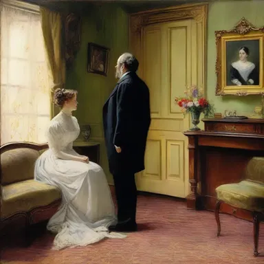 The painting depicted a Victorian era living room where a stern-looking woman appeared to be giving a serious curtain lecture to her husband.