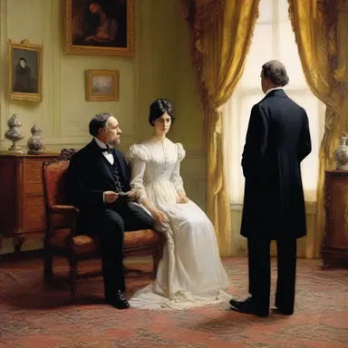 The painting depicted a Victorian era living room where a stern-looking woman appeared to be giving a serious curtain lecture to her husband.