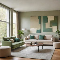 A modern living room featuring alternating walls of green and beige, complemented by contemporary furniture, large windows, and abstract wall art.