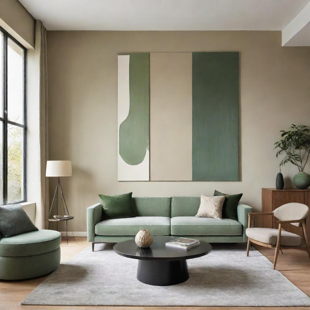 A modern living room featuring alternating walls of green and beige, complemented by contemporary furniture, large windows, and abstract wall art.