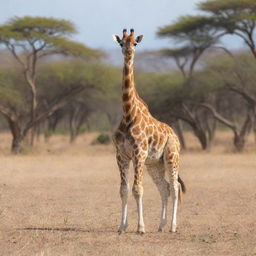 An adorable, playful giraffe in a sunny savannah setting