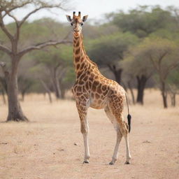 An adorable, playful giraffe in a sunny savannah setting