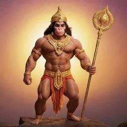 An illustration of Bajrang Bali, also known as Hanuman, in traditional attire with a golden gada (mace) glowing against a sunrise background.