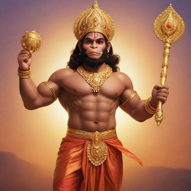 An illustration of Bajrang Bali, also known as Hanuman, in traditional attire with a golden gada (mace) glowing against a sunrise background.