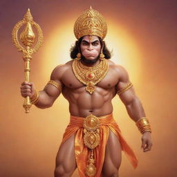 An illustration of Bajrang Bali, also known as Hanuman, in traditional attire with a golden gada (mace) glowing against a sunrise background.