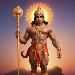 An illustration of Bajrang Bali, also known as Hanuman, in traditional attire with a golden gada (mace) glowing against a sunrise background.