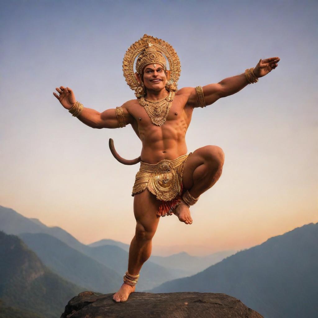 Depict the Hindu deity Hanuman in his typical iconography, leaping into the air with a mountain in one hand and mace in the other, set against a sunset backdrop.