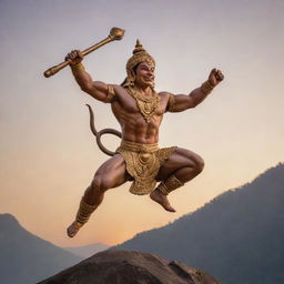 Depict the Hindu deity Hanuman in his typical iconography, leaping into the air with a mountain in one hand and mace in the other, set against a sunset backdrop.