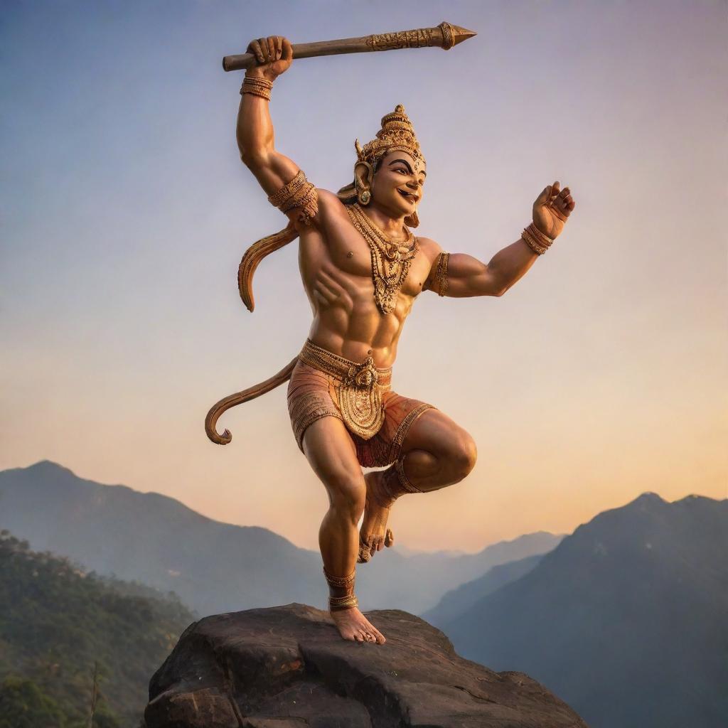 Depict the Hindu deity Hanuman in his typical iconography, leaping into the air with a mountain in one hand and mace in the other, set against a sunset backdrop.